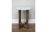 Small round side table with white marble top and wooden interlocking legs, shown front on against a wall.