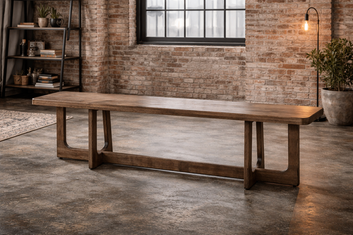 Long wooden bench with thick top and sturdy legs, shown at an angle in an industrial loft setting.