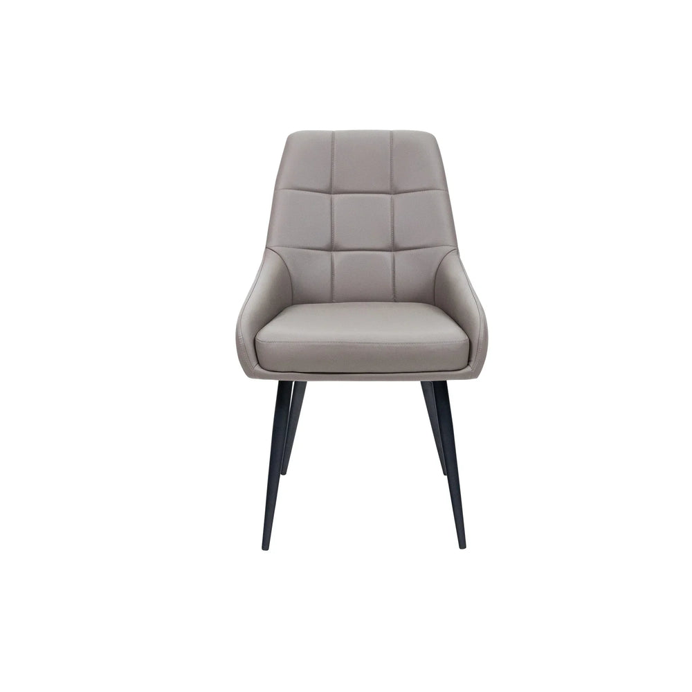 Taupe dining chair with padded seat, quilted backrest and black legs, front view