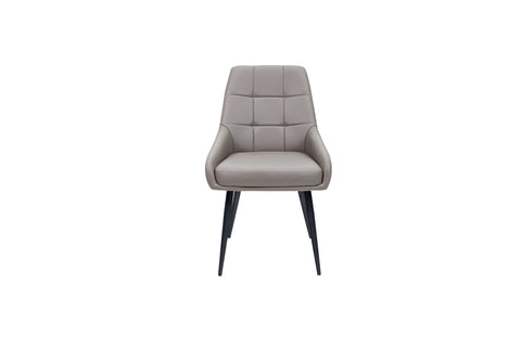 Taupe dining chair with padded seat, quilted backrest and black legs, front view
