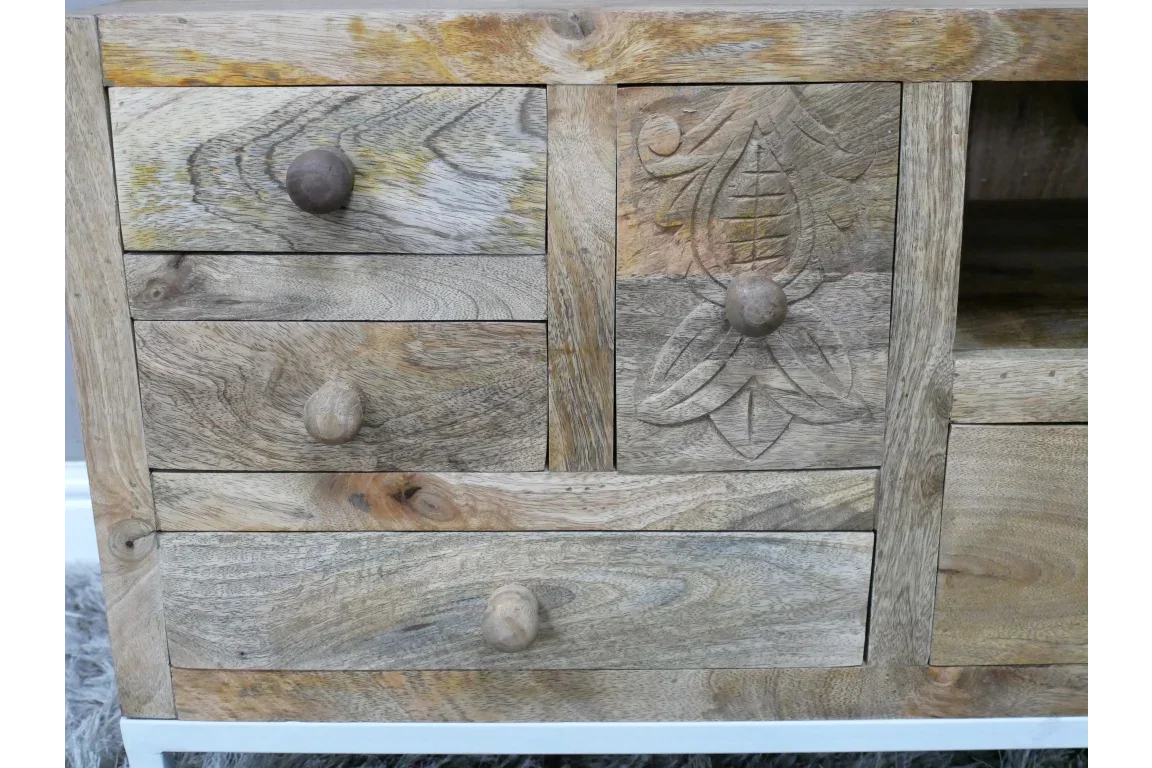 Mango wood chest of drawers with carved floral detail and natural wood finish
