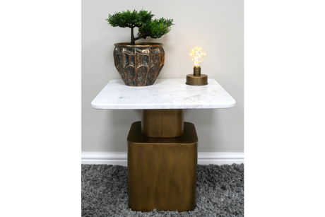 Square side table with white marble top and bronze metal base, decorated with a small plant and light bulb on top.