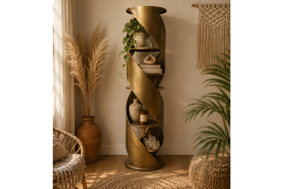 Tall bronze metal swirl display cabinet with open shelves, shown in a cozy, natural-toned room corner.