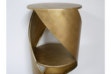 Swirl Display Cabinet, brass metal with a twisted cylindrical shape, two circular shelves, shown from front angle.