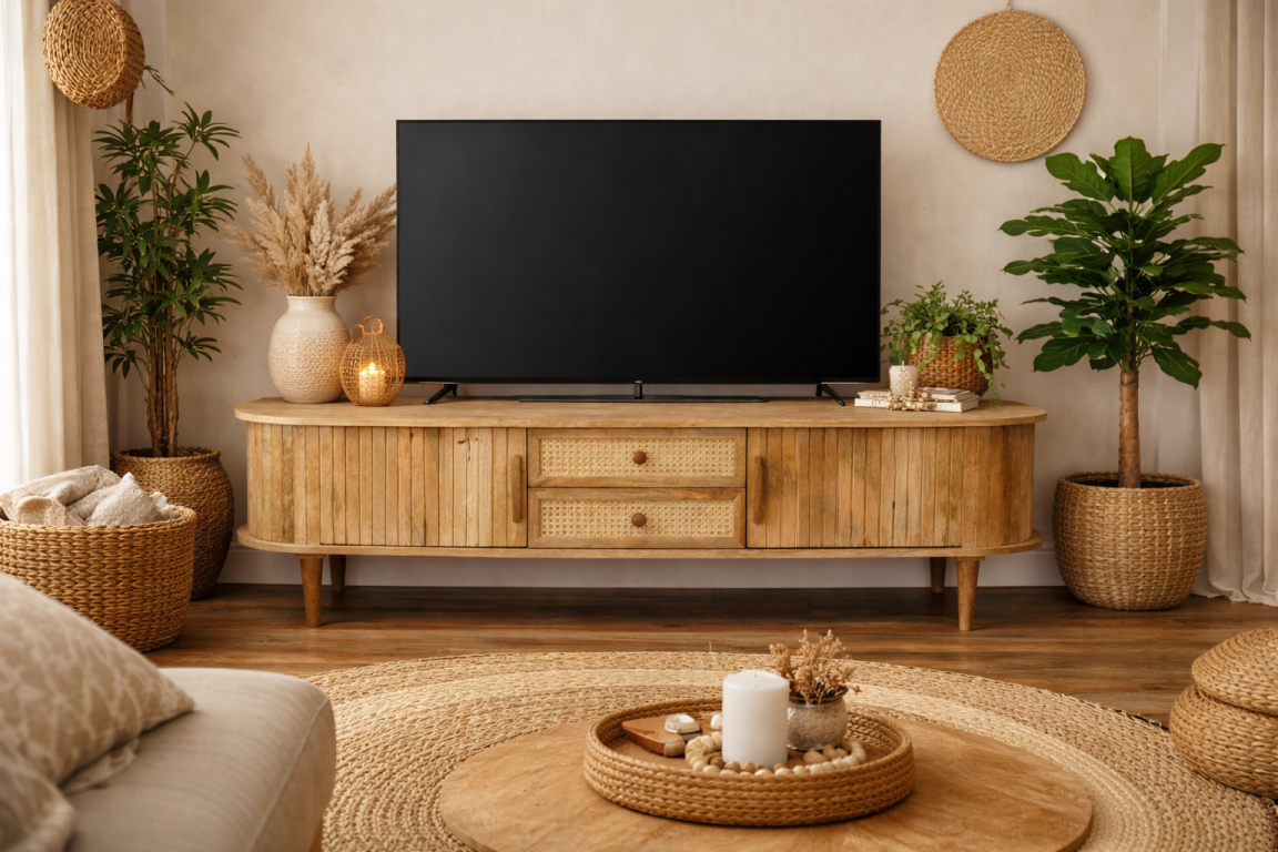Wooden TV cabinet with rounded edges and rattan drawer fronts in a cozy living room setting, front view.