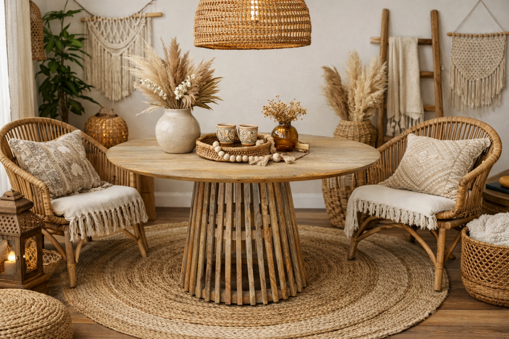 Round wooden dining table with slated base, natural finish, styled in boho room with rattan chairs and decor.