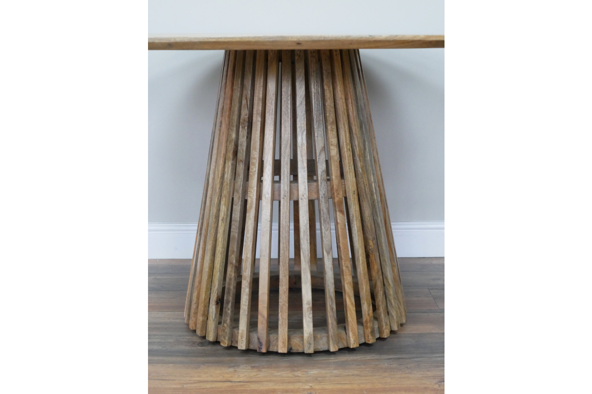 Round wooden dining table with slatted conical base, natural wood finish, shown from front angle on wooden floor