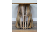 Round wooden dining table with slatted conical base, natural wood finish, shown from front angle on wooden floor