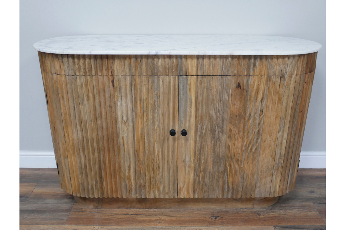 Wooden sideboard with vertical slats and rounded edges, topped with a white marble surface, front view.