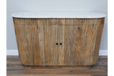 Wooden sideboard with vertical slats and rounded edges, topped with a white marble surface, front view.
