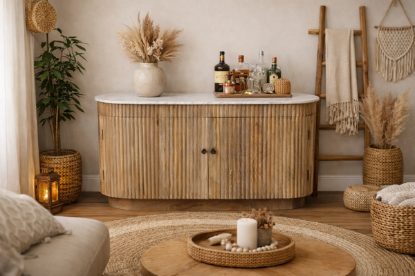 Wooden sideboard with vertical grooves and white marble top, front view in cozy beige room setting.