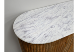Close-up angled view of white marble top sideboard with rounded edge and vertical wooden slat base