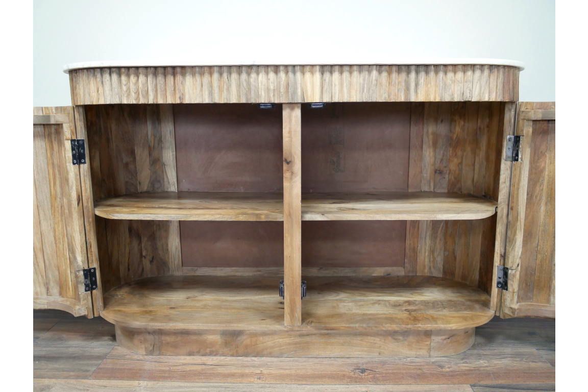 Wooden sideboard with open double doors showing two interior shelves, topped with a white marble slab, front view.