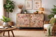 Small wooden cabinet with colorful leaf pattern doors, brass frame, black legs, in softly lit living room setting