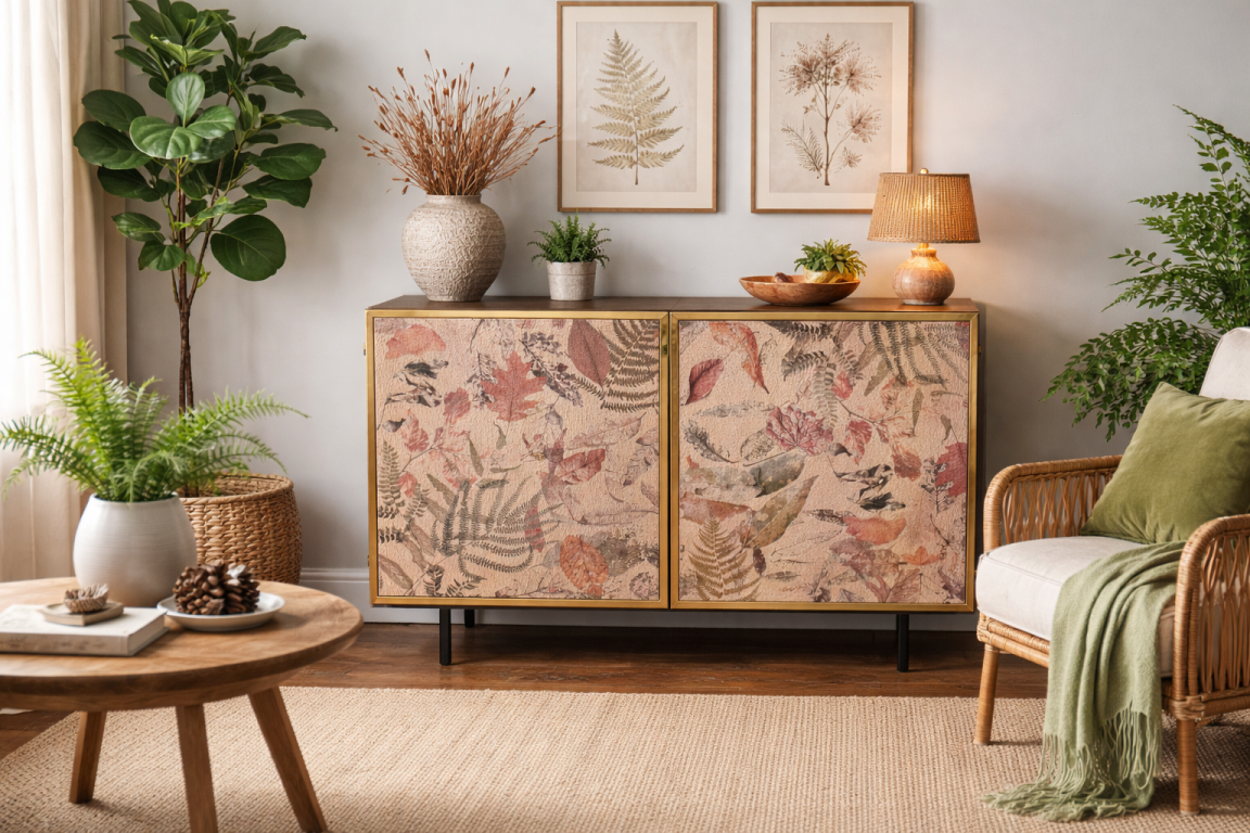 Small wooden cabinet with colorful leaf pattern doors, brass frame, black legs, in softly lit living room setting