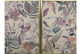 Small rectangular cabinet with two doors featuring a pressed leaf pattern in muted greens, purples, and browns on cream