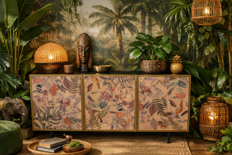 Large three-door wooden cabinet with leaf print panels, black legs, and decorative objects in a tropical indoor setting.