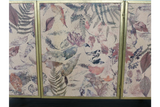 Large cabinet with three doors, gold frame, and multi-colored leaf pattern on textured surface, front view.