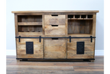 The Jupiter Wine Cabinet features a rustic wooden design with multiple storage compartments, including drawers and wine bottle slots, complemented by metal accents