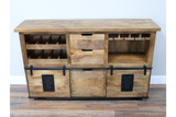 The Jupiter Wine Cabinet features a rustic wooden design with multiple wine slots, two drawers, and a spacious open compartment, all accented by black metal hardware