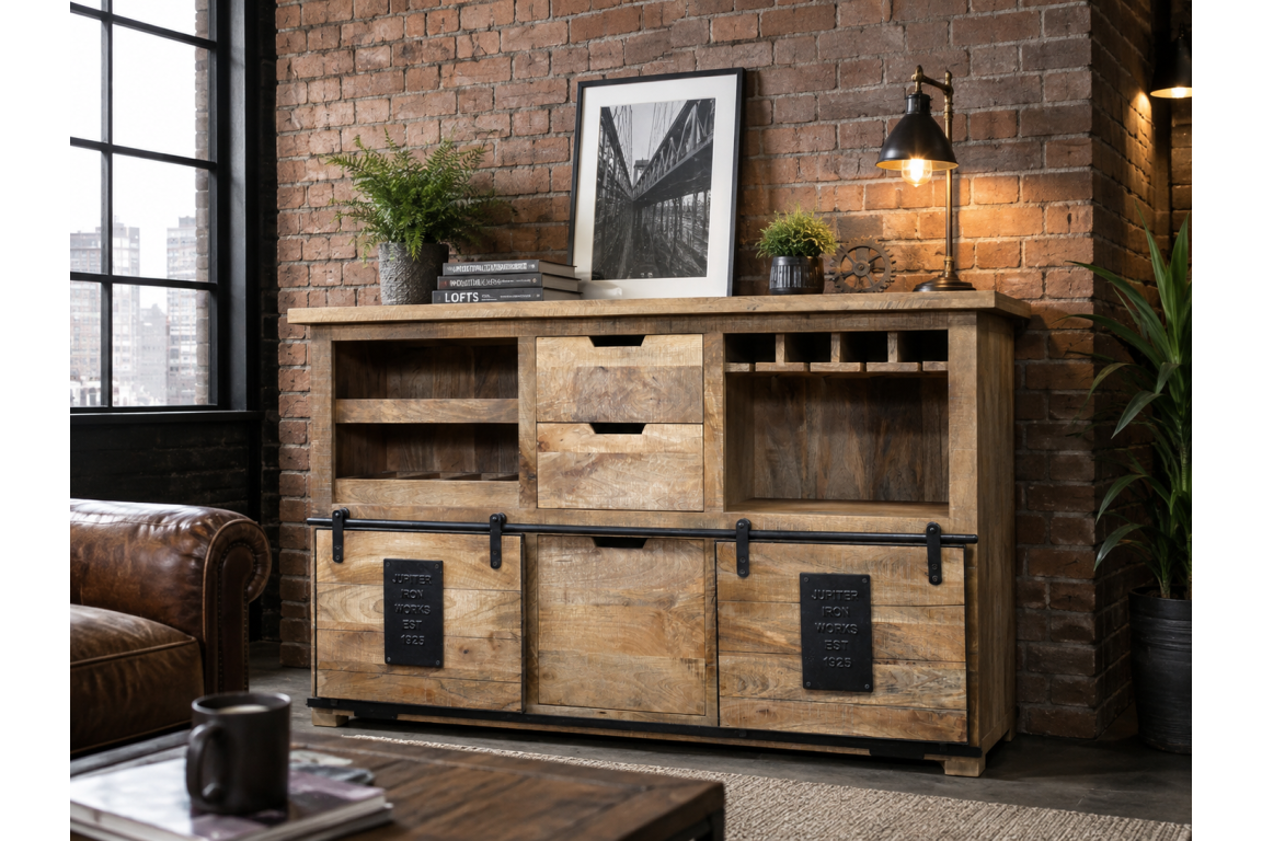The Jupiter Wine Cabinet features a rustic wooden design with multiple shelves, drawers, and a wine rack, complemented by black metal accents for a stylish storage solution