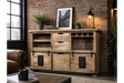 The Jupiter Wine Cabinet features a rustic wooden design with multiple shelves, drawers, and a wine rack, complemented by black metal accents for a stylish storage solution
