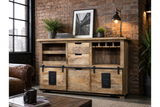 The Jupiter Wine Cabinet features a rustic wooden design with multiple shelves, drawers, and a wine rack, complemented by black metal accents for a stylish storage solution