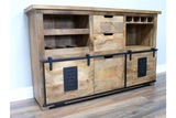 The Jupiter Wine Cabinet features a rustic wooden design with multiple shelves, drawers, and a sliding door, perfect for storing wine and accessories