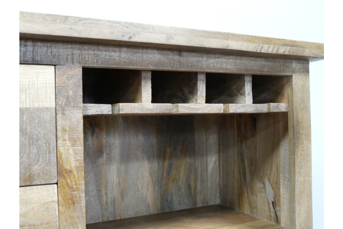 The Jupiter Wine Cabinet features a rustic wooden design with multiple compartments for wine bottles and a spacious interior for additional storage
