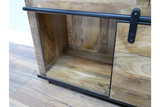 The Jupiter Wine Cabinet features a rustic wooden design with a spacious interior, complemented by a sleek metal handle and sturdy construction for wine storage
