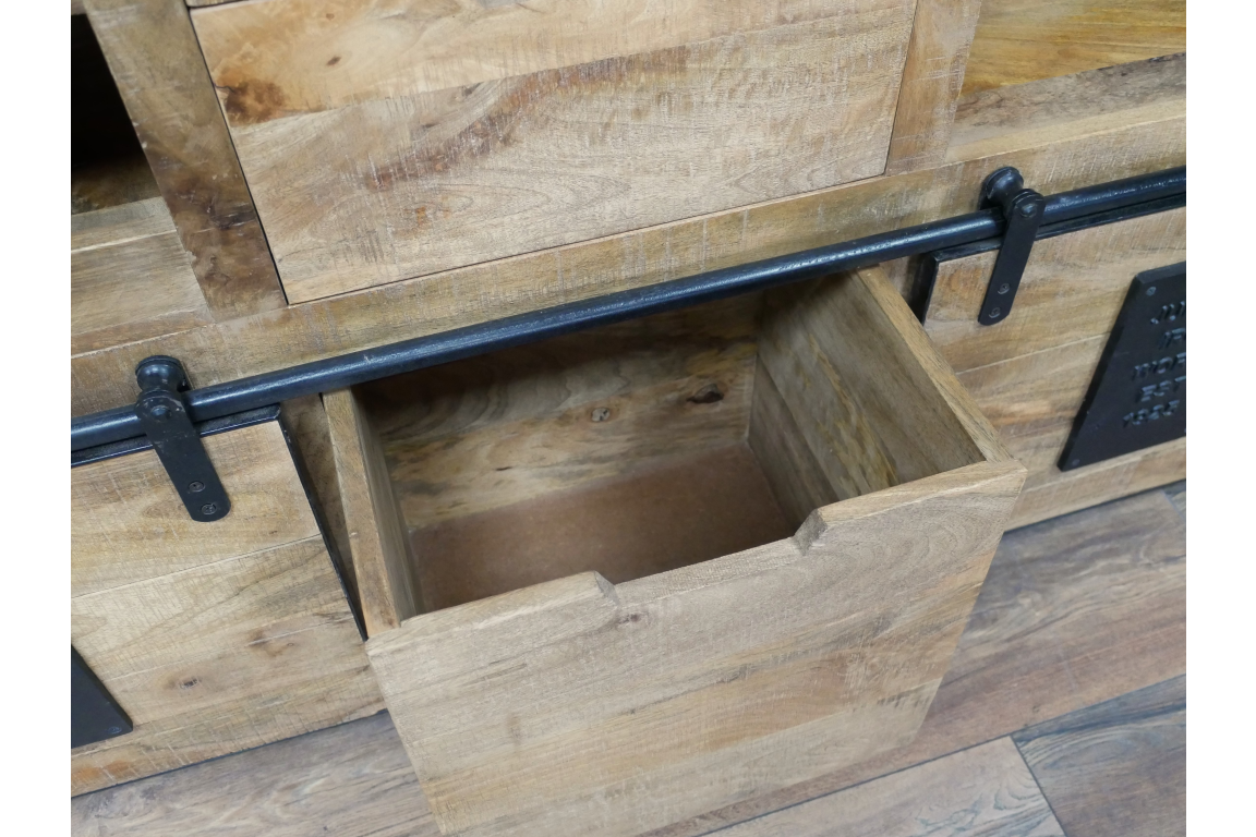 The Jupiter Wine Cabinet features a rustic wooden design with a sliding drawer and metal accents, perfect for stylishly storing wine and accessories