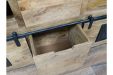 The Jupiter Wine Cabinet features a rustic wooden design with a sliding drawer and metal accents, perfect for stylishly storing wine and accessories
