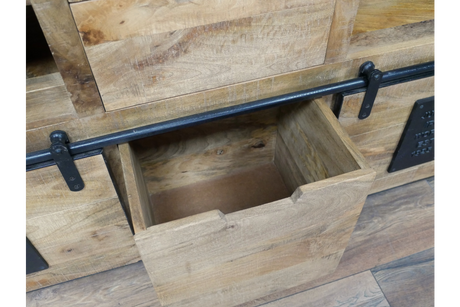 The Jupiter Wine Cabinet features a rustic wooden design with a sliding drawer and metal accents, perfect for stylishly storing wine and accessories