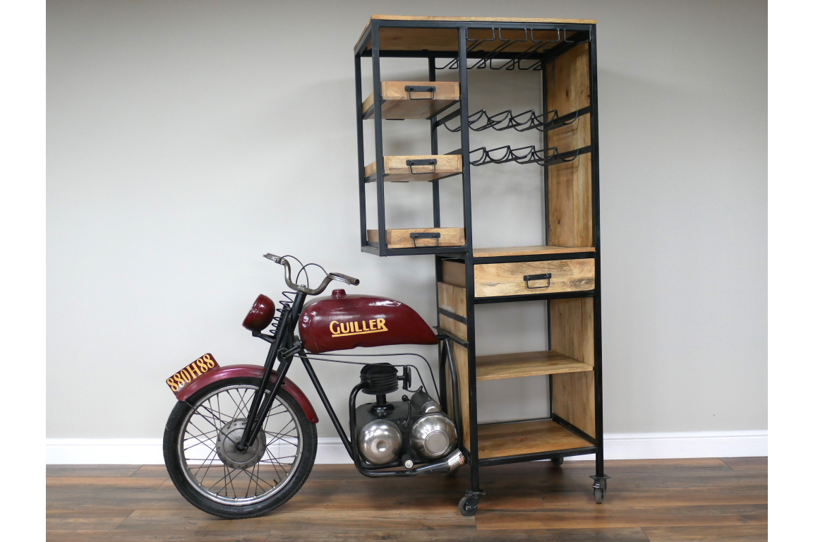 Motorbike bar cabinet with wooden shelves and drawers, black metal frame, and wine glass holders, side angle view.