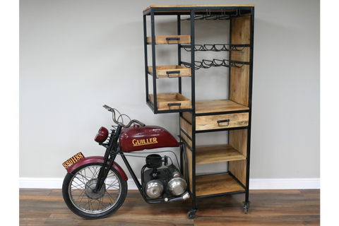 Motorbike bar cabinet with black metal frame, wooden shelves and drawers, wine racks, and red motorbike front section