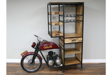 Motorbike bar cabinet with black metal frame, wooden shelves and drawers, wine racks, and red motorbike front section