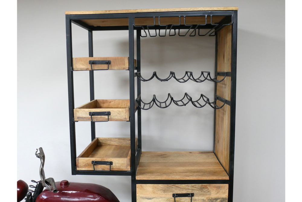 Motorbike bar cabinet with black metal frame, wood shelves, drawers, and metal wine glass racks, shown at slight angle.