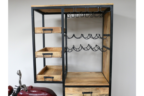 Motorbike bar cabinet with black metal frame, wood shelves, drawers, and metal wine glass racks, shown at slight angle.
