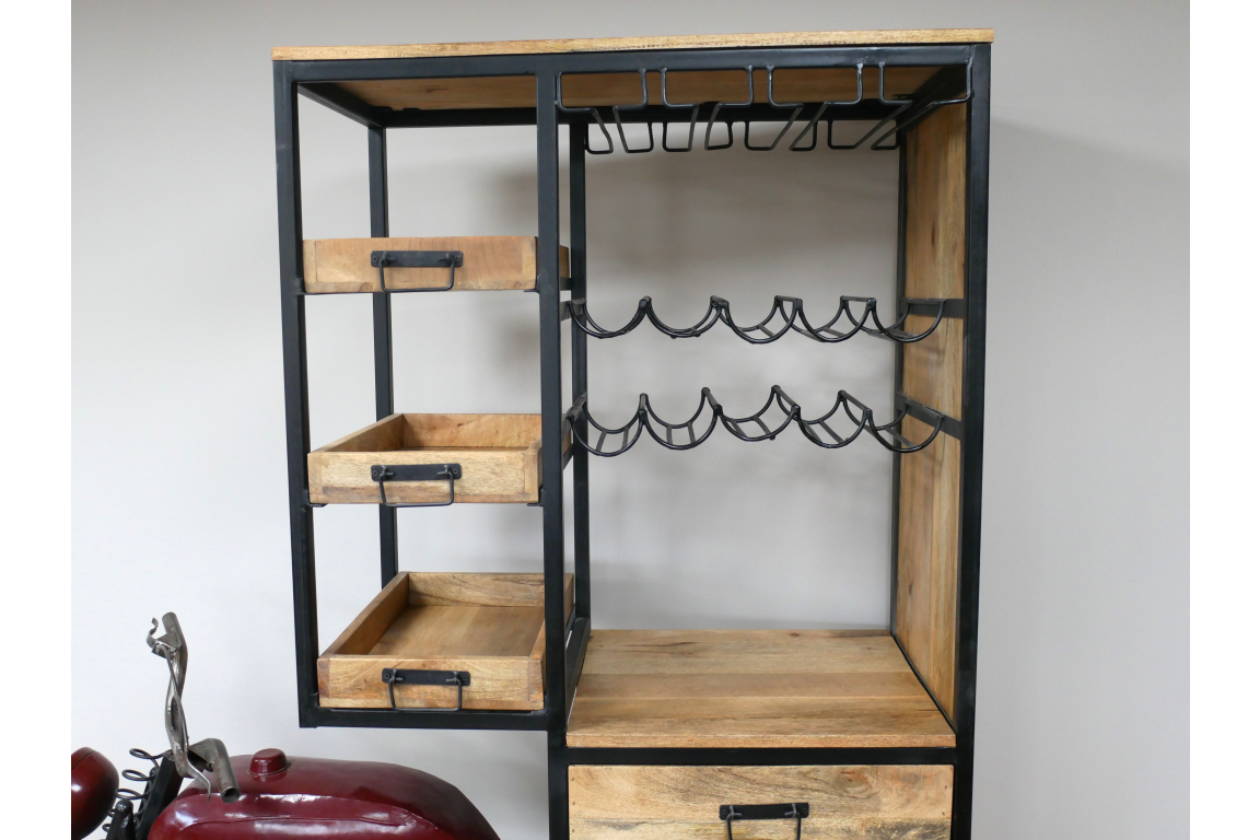 Motorbike bar cabinet with black metal frame, wood shelves, drawers, and metal wine glass racks, shown at slight angle.