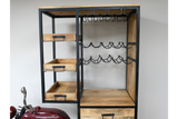 Motorbike bar cabinet with black metal frame, wood shelves, drawers, and metal wine glass racks, shown at slight angle.