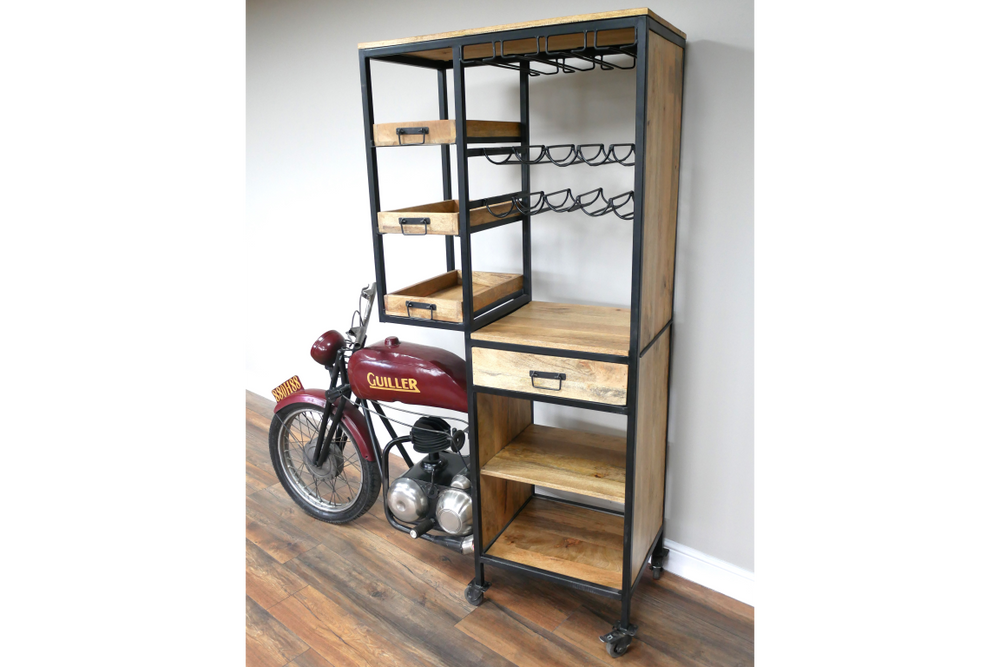 Motorbike bar cabinet with metal frame, wooden shelves, drawers, wine rack, and motorcycle detail at front right angle.