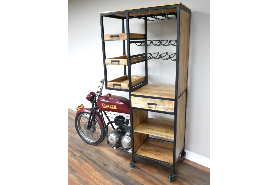 Motorbike bar cabinet with metal frame, wooden shelves, drawers, wine rack, and motorcycle detail at front right angle.