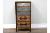 The rustic cabinet features a combination of four drawers with a mix of gray and natural wood finishes, accented by metal handles and a geometric design on the lower drawers