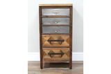 The rustic cabinet features a wooden frame with a natural finish, four drawers in varying shades of gray and brown, and decorative metal handles for a charming, vintage look