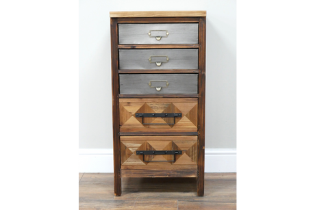 The rustic cabinet features a wooden frame with a natural finish, four drawers in varying shades of gray and brown, and decorative metal handles for a charming, vintage look