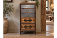 The rustic cabinet features a combination of wood and metal finishes with four drawers, showcasing a mix of geometric patterns and sturdy handles for a charming, vintage look