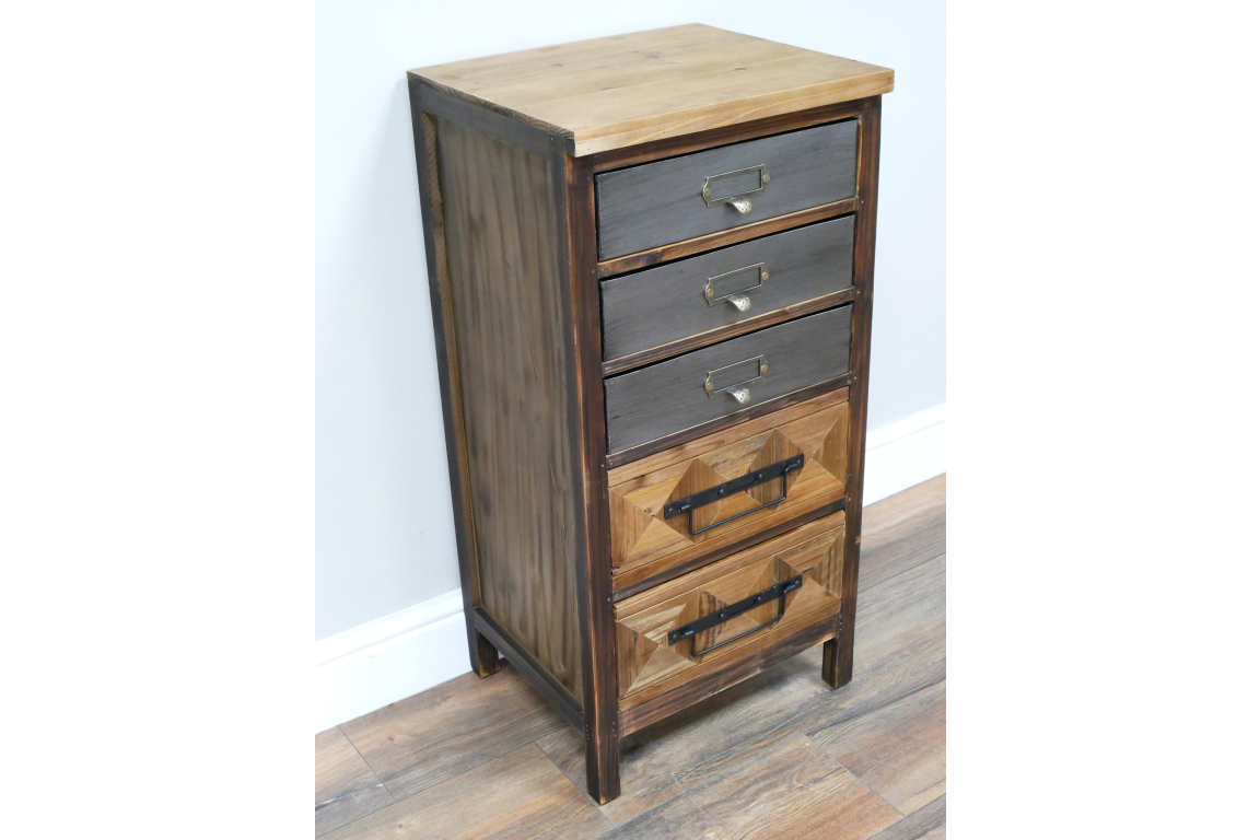 This rustic cabinet features a wooden frame with a natural finish, four drawers in varying shades, and decorative metal handles for a charming, vintage look