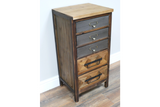 This rustic cabinet features a wooden frame with a natural finish, four drawers in varying shades, and decorative metal handles for a charming, vintage look