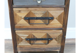 The rustic cabinet features a wooden design with a diamond pattern on the drawers, complemented by black metal handles for a charming, vintage look