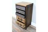 The rustic cabinet features a natural wood top and a combination of three dark gray drawers and two lighter wood drawers with decorative metal handles
